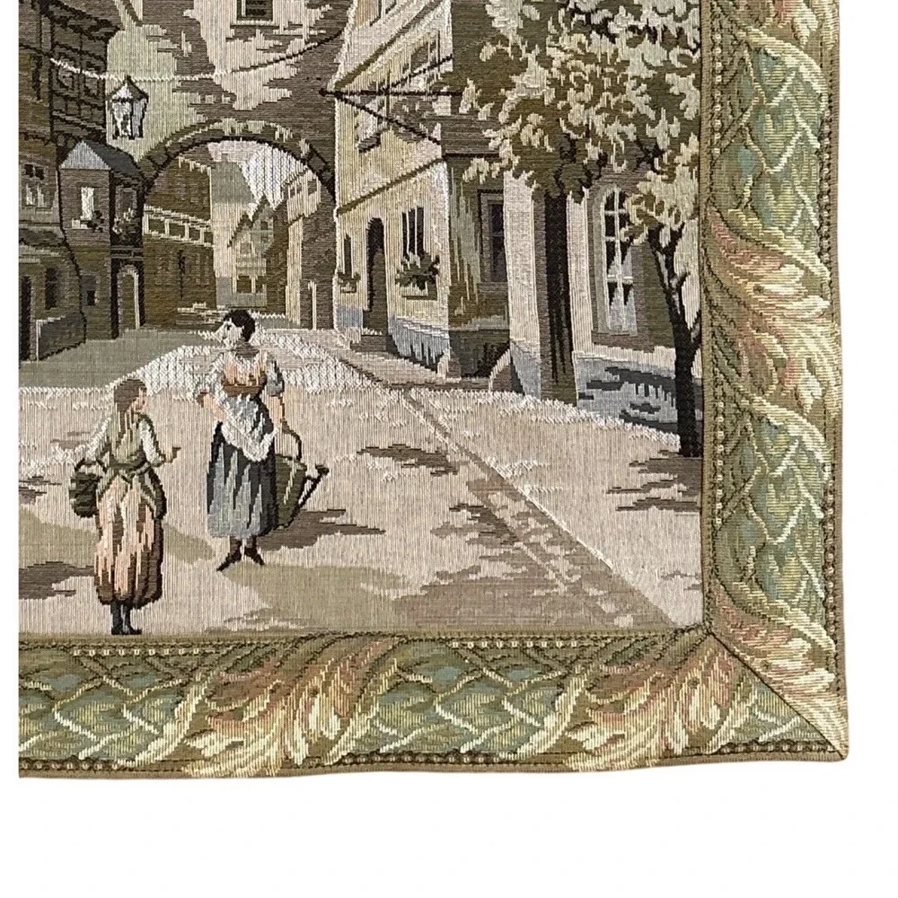 Vintage Woven Tapestry Wall Hanging German Village Scene Wooden Rod  Folk Art